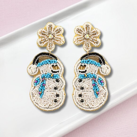 Snowman Snowflake Christmas Seed Bead Blue Statement Earrings - Picture 2 of 2
